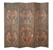 An embossed and painted leather six-fold room screen