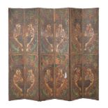 An embossed and painted leather six-fold room screen