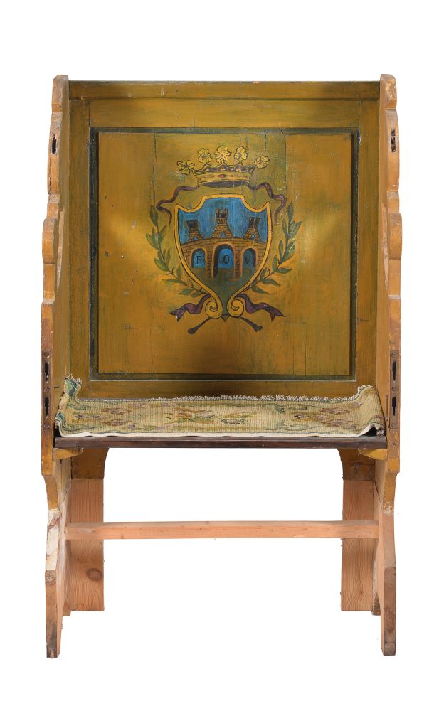 A yellow painted hall bench or pew