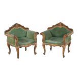 A pair of Venetian green painted and polychrome decorated armchairs in the 18th century style