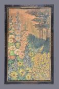 A 19th century watercolour landscape with flowers housed in a glazed chinoiserie style lacquered fra