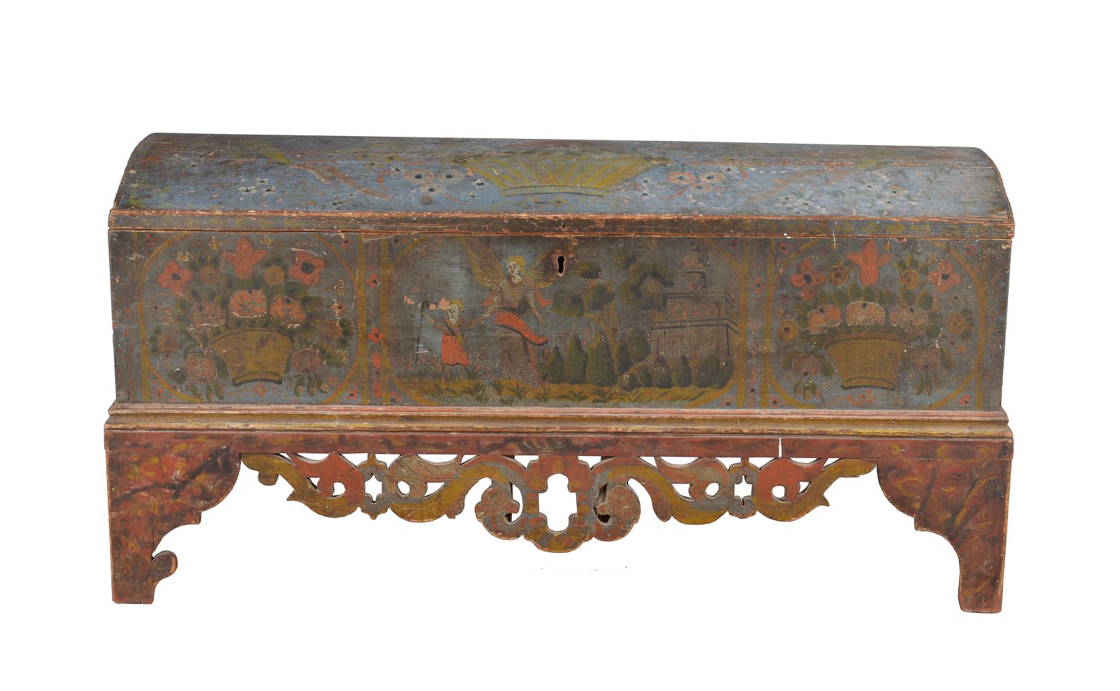 A painted pine coffer on stand, Tyrolean, late 18th century