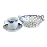 A Worcester blue and white reeded trembleuse coffee cup and saucer in the St. Cloud manner