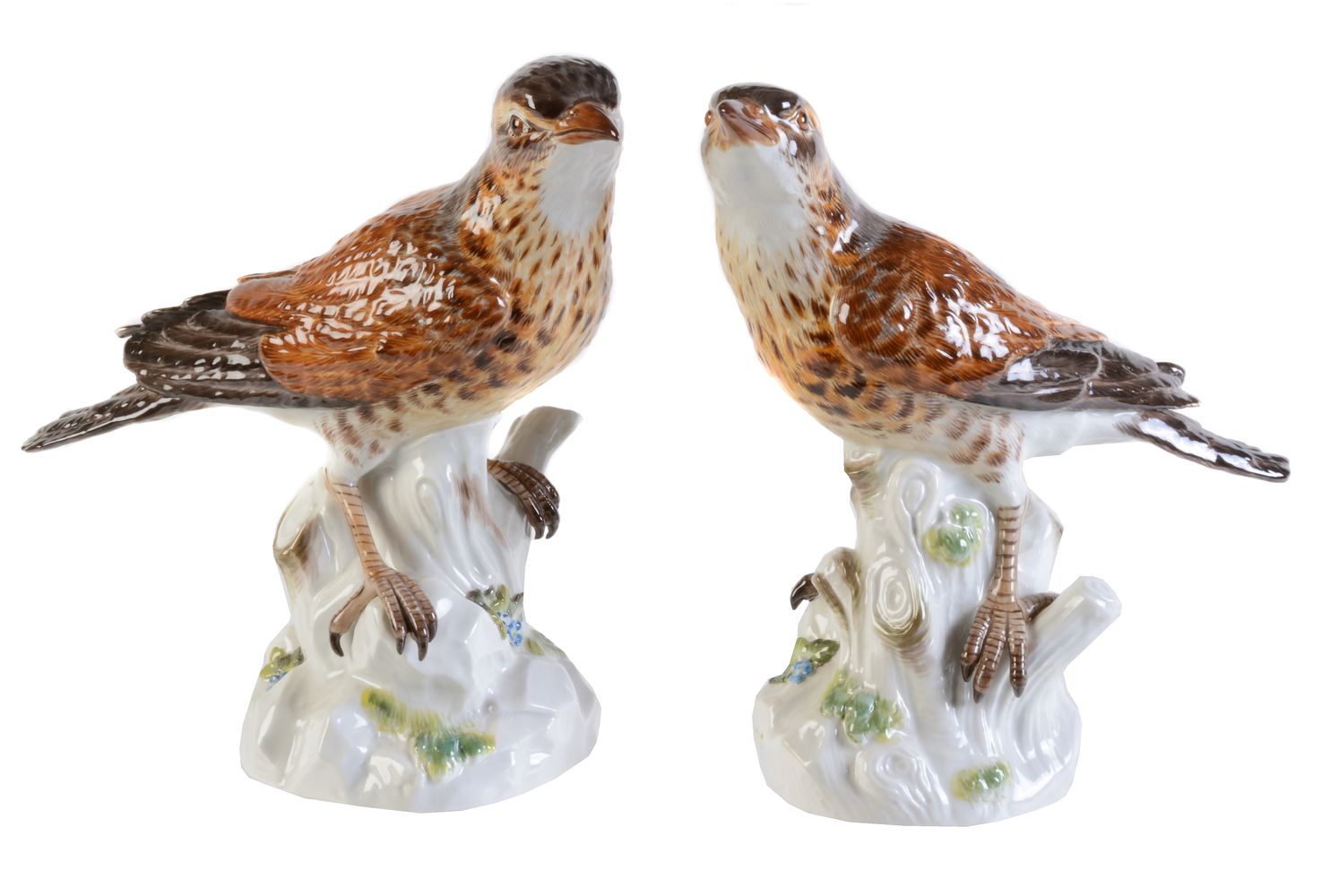 A pair of Meissen models of mistle thrushes