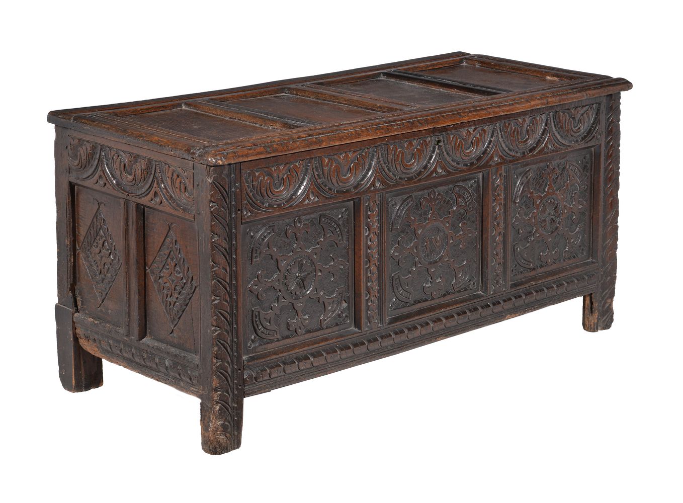 A carved and panelled oak coffer - Image 3 of 3