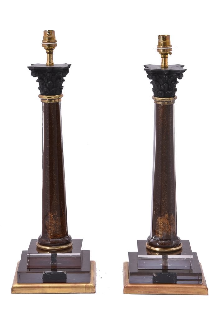 A pair of gilt metal mounted tinted glass table lamps - Image 2 of 2