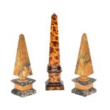 A pair of convent Siena and Portoro marble models of obelisks