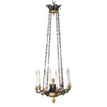 A Continental, probably French, patinated and parcel gilt metal eight light chandelier in Empire tas