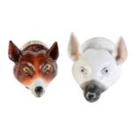 Two Staffordshire bone china fox mask stirrup cups