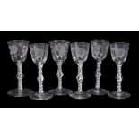 A group of six engraved opaque-twist wine glasses of Jacobite significance