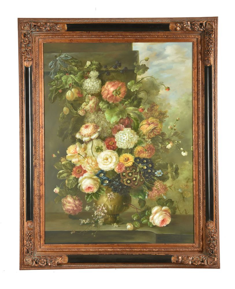 Dutch School (20th century)Still life with flowers in a vase on a stone ledgeOil on canvas 101.5 x 7