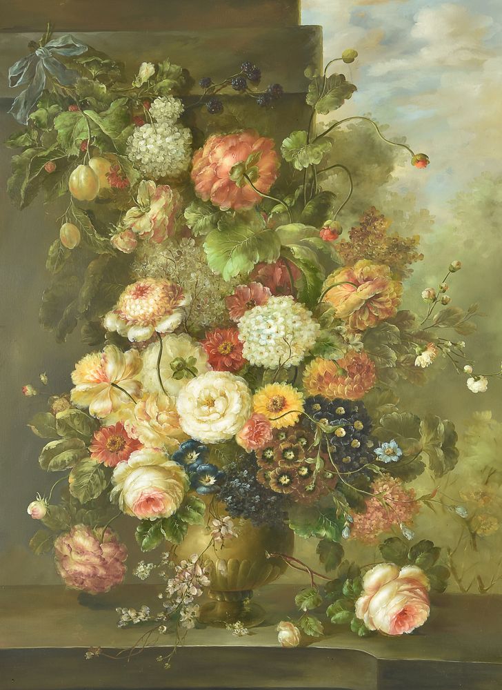 Dutch School (20th century)Still life with flowers in a vase on a stone ledgeOil on canvas 101.5 x 7 - Image 2 of 3