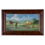 British School (20th century)Teeing off; The eighteenth holeOil on board