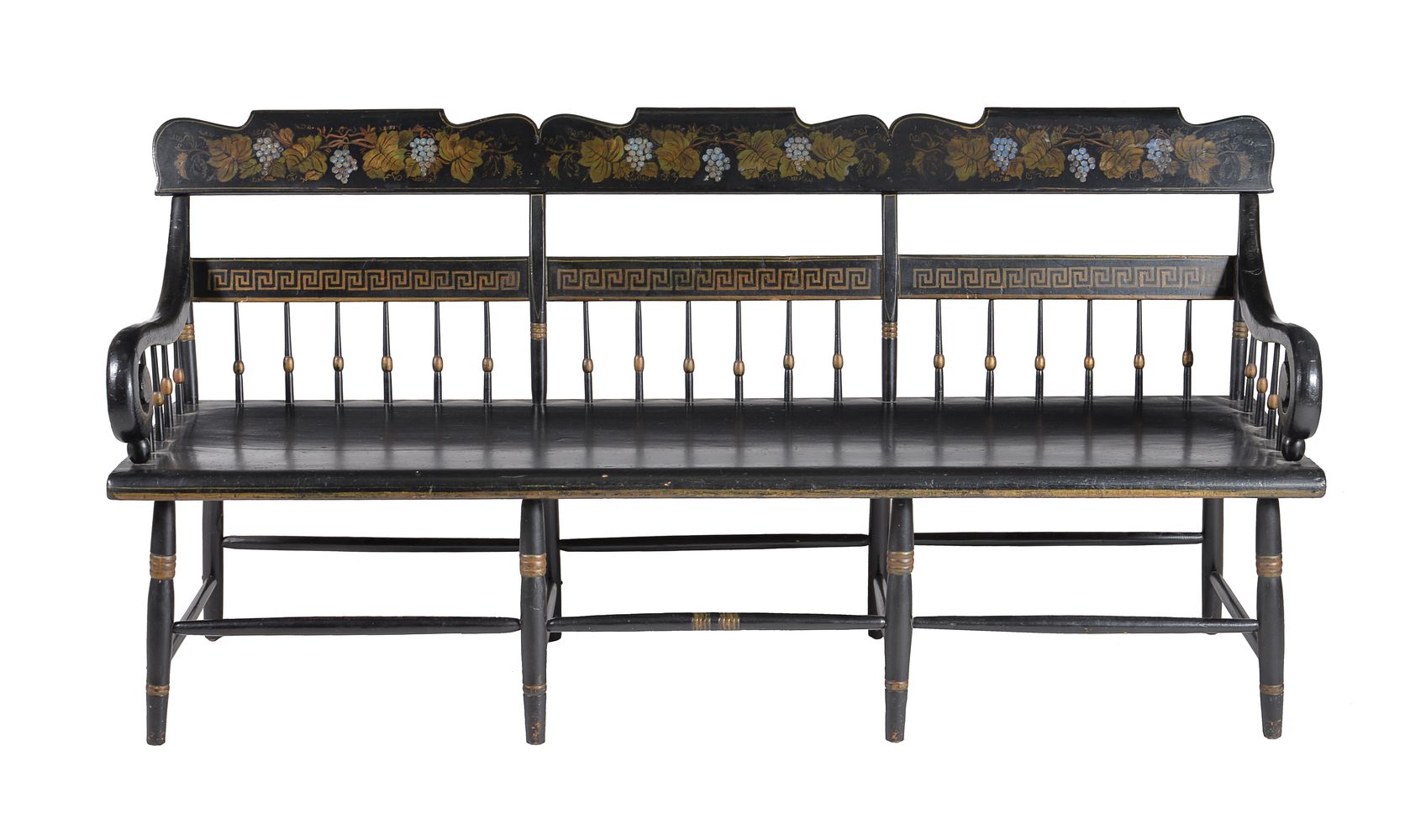 An ebonised, parcel gilt and painted chair back settee or hall bench