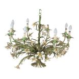 An Italian painted, pressed and wrought metal eight light chandelier