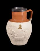 A Turner white dry-bodied stoneware 'Hunting' jug with silver-mounted rim