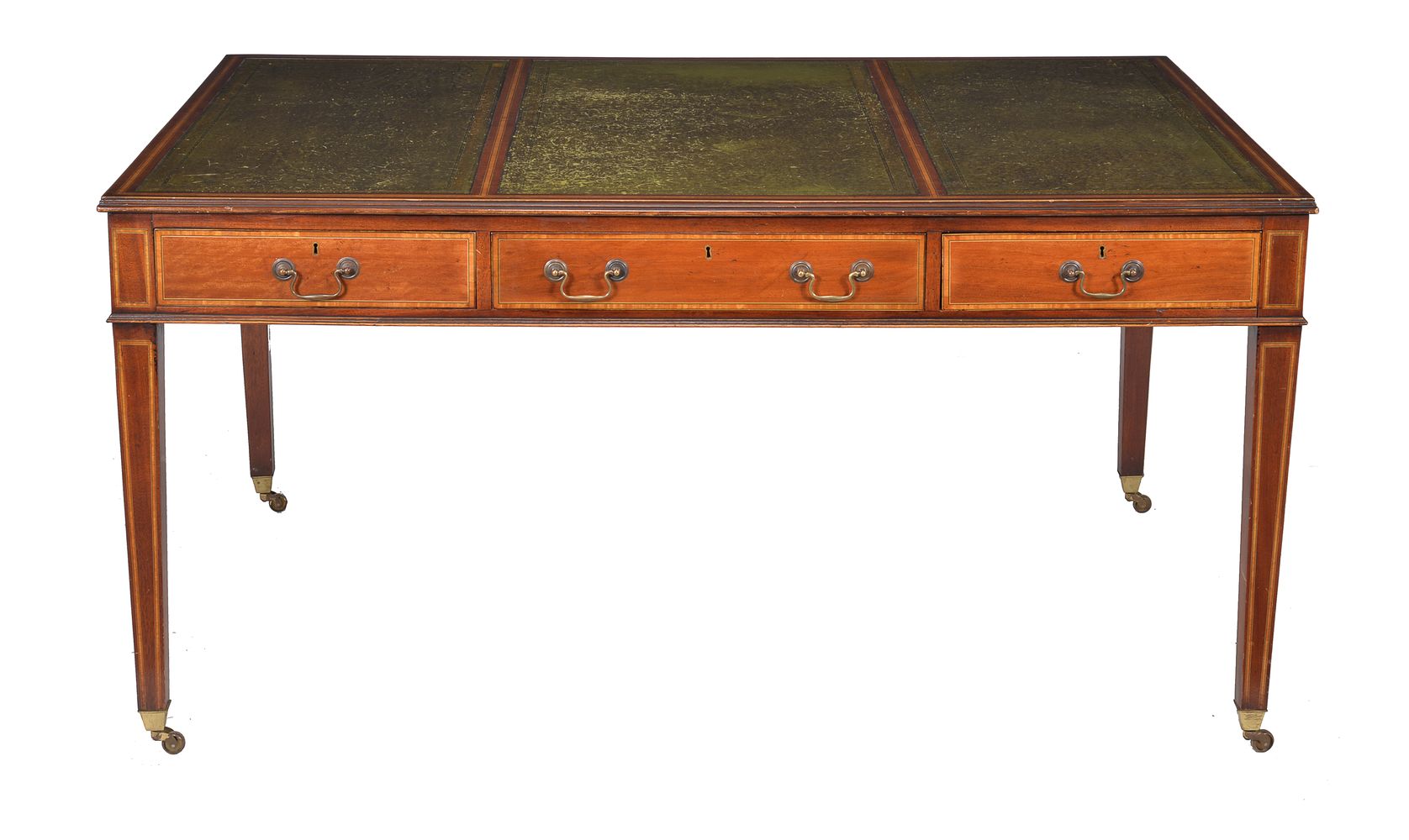 A mahogany and satinwood banded library table, in George III style