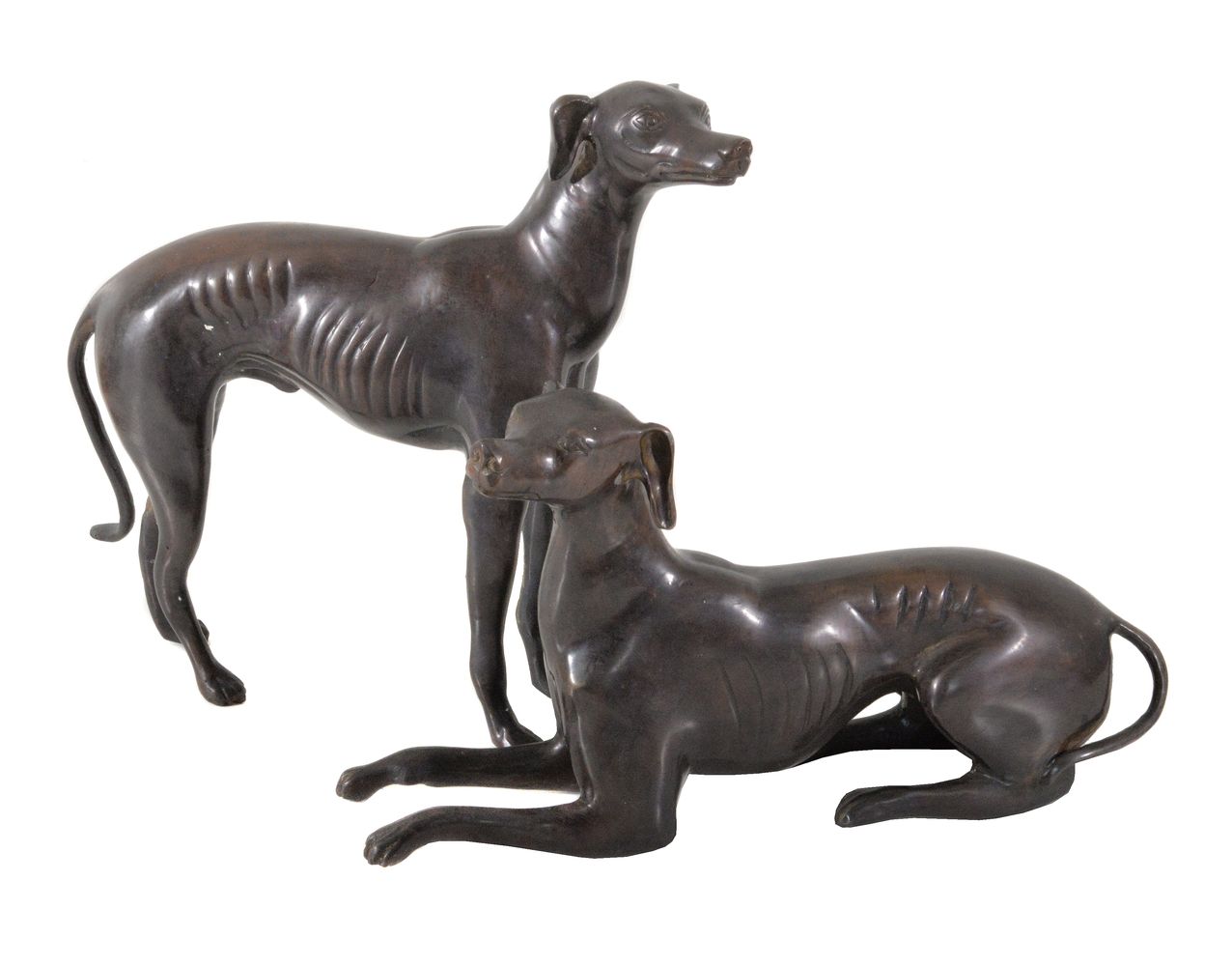 Two patinated metal models of whippets