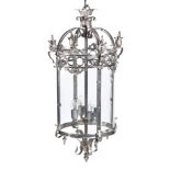 A silver coloured metal and glazed cylindrical hall lantern