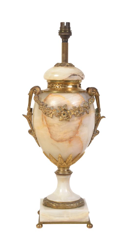 An onyx and gilt metal mounted urn table lamp