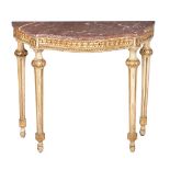 A Continental cream painted and parcel gilt console table