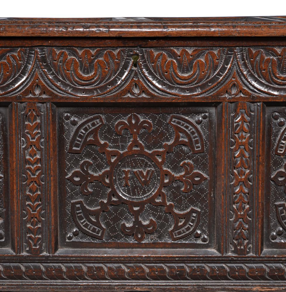 A carved and panelled oak coffer - Image 2 of 3