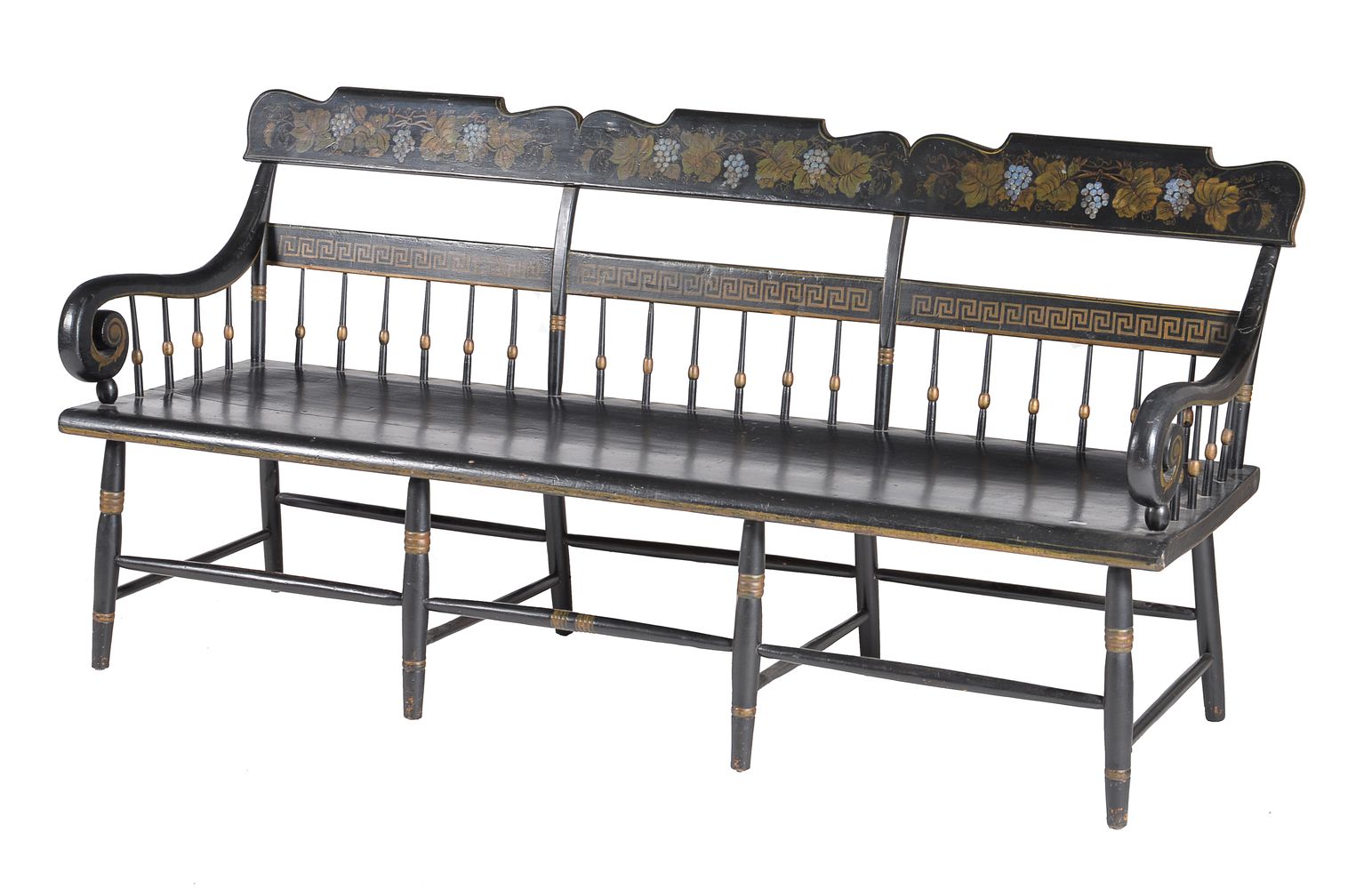An ebonised, parcel gilt and painted chair back settee or hall bench - Image 2 of 2