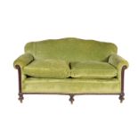 A walnut and green velvet upholstered two seat sofa