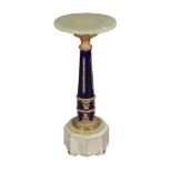 A French green onyx, gilt metal and blue glazed ceramic mounted pedestal