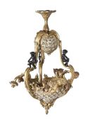 A gilt metal and cut glass mounted six light electrolier in the Belle Epoque Louis XV revival taste