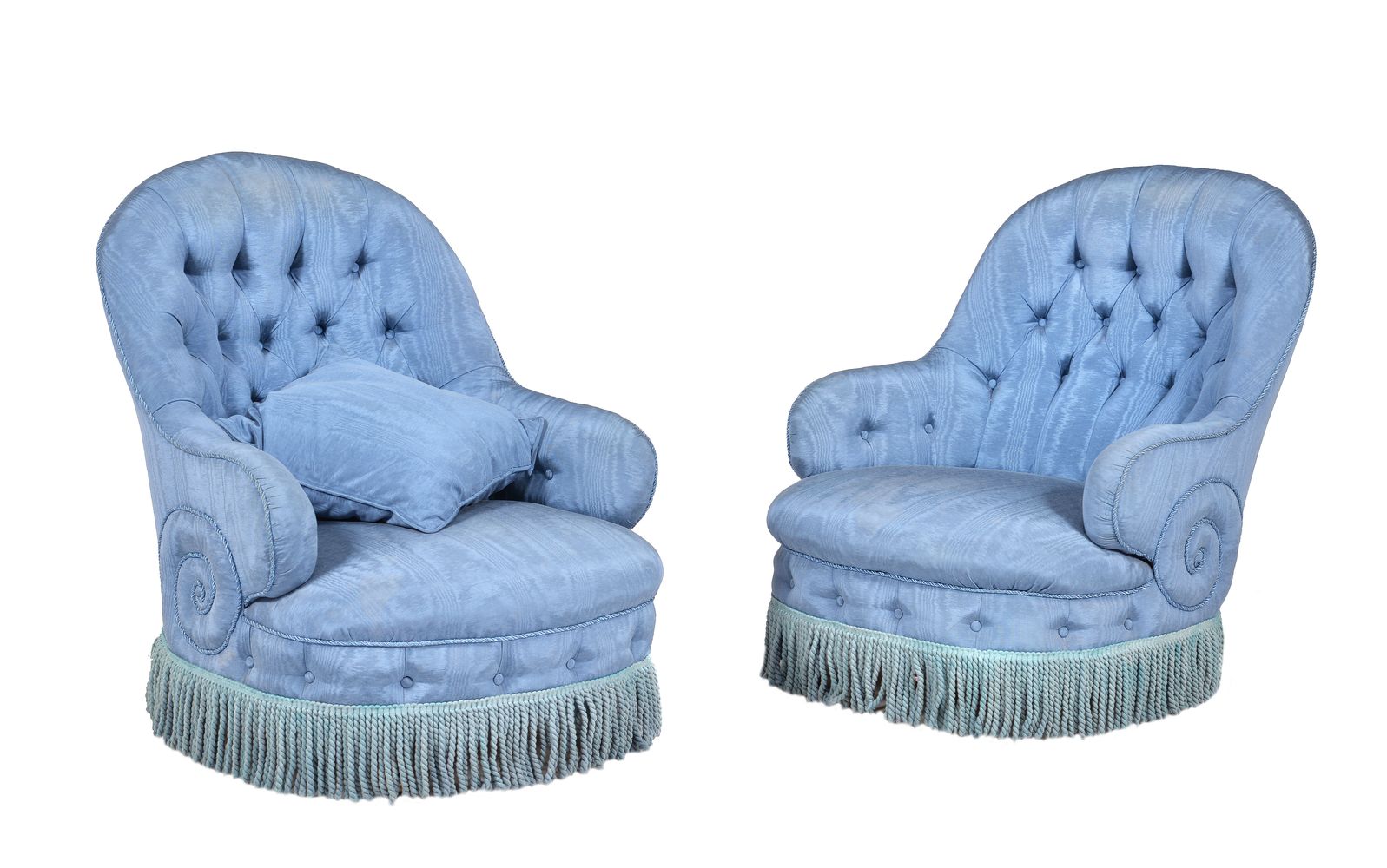 A pair of Victorian walnut and blue watered silk upholstered nursing chairs