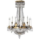 A Continental patinated and parcel gilt metal and cut glass hung twelve light chandelier in Restaura