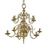 A cast and turned brass six light chandelier in Anglo-Dutch early 18th century taste