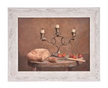 Olivia Baynham, Still life with bread, tomatoes and candelabra