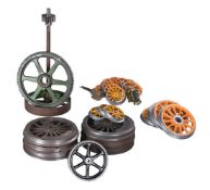 Collection of live steam locomotive firing tools and sundry locomotives wheels