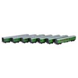 A rake of seven SR twin bogie Bulleid corridor coaches