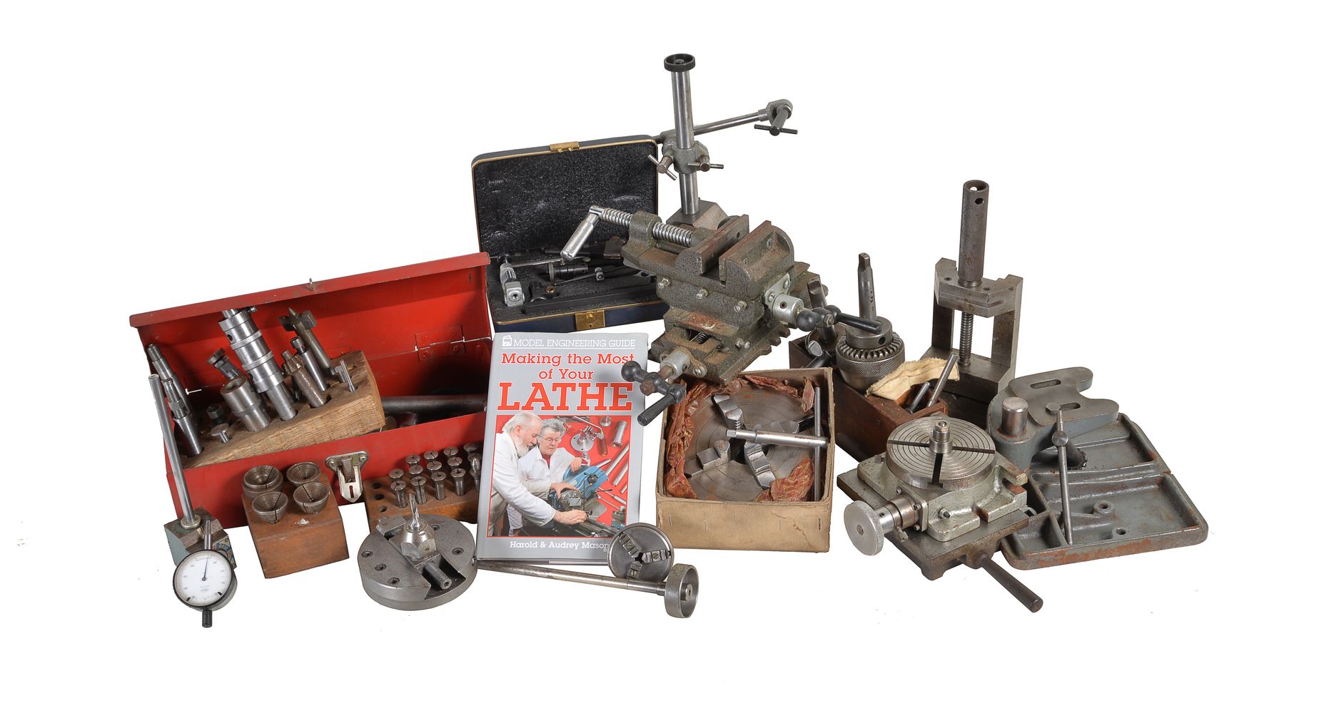 A selection of model engineering equipment including milling vice