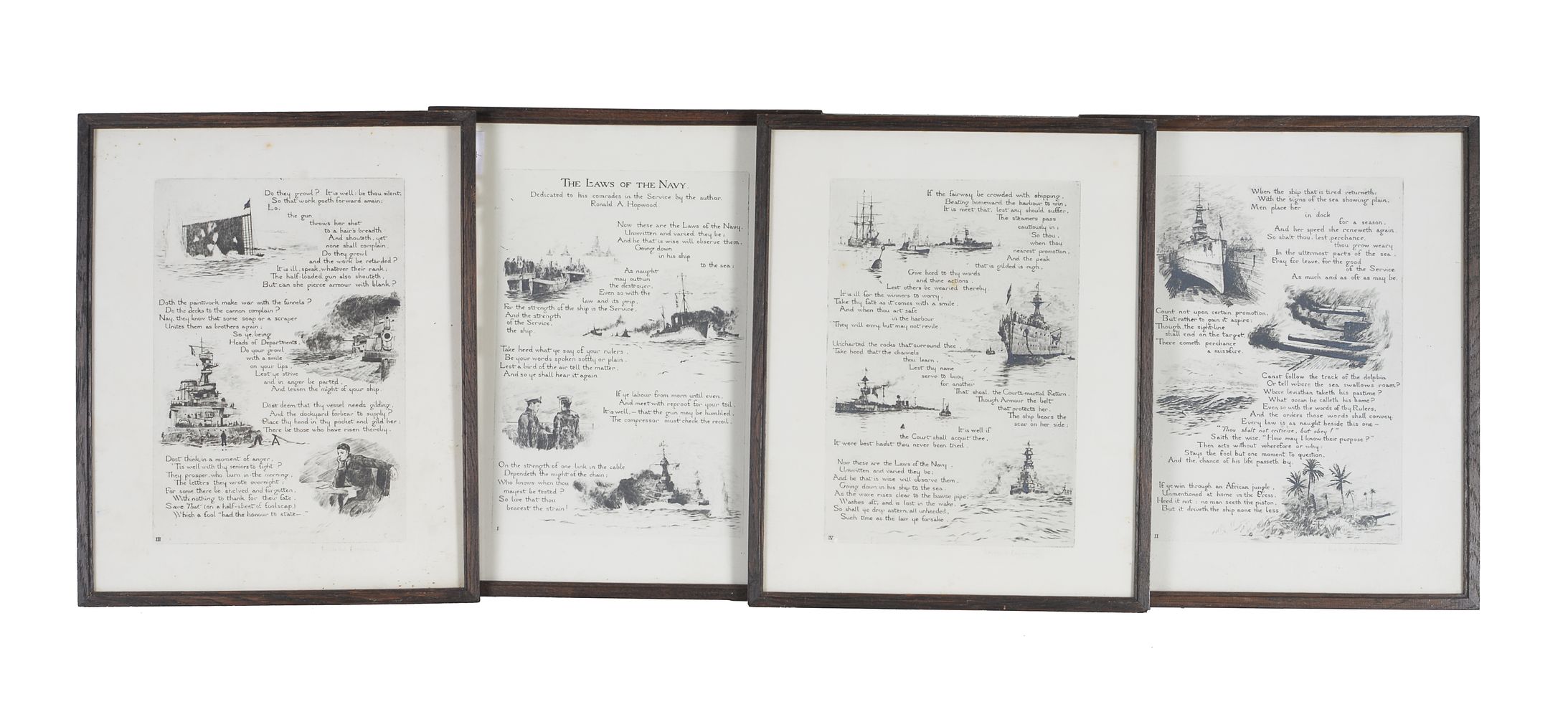 Four framed and illustrated prints of Naval ships