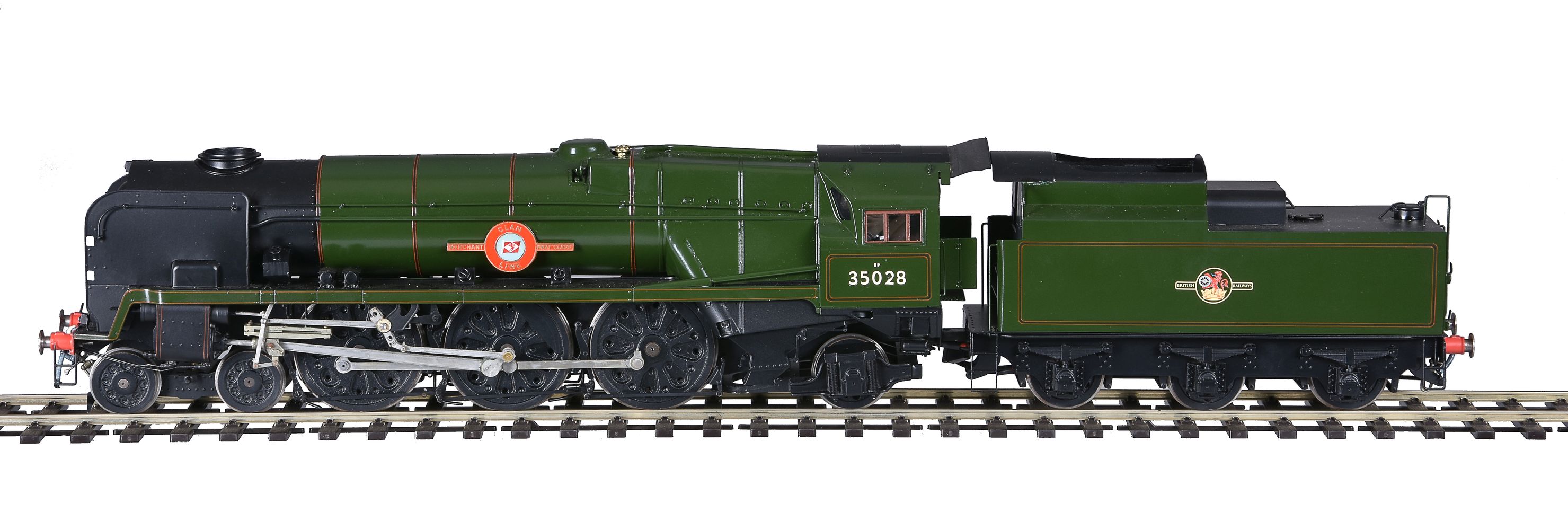 A gauge 1 model of a British Railways 4-6-2 rebuilt Merchant Navy Class tender locomotive No 35028