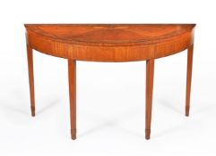 A satinwood, burr walnut, and marquetry demi lune side table