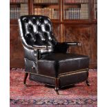 ϒ A pair of French rosewood and buttoned leather upholstered mechanical reclining armchairs