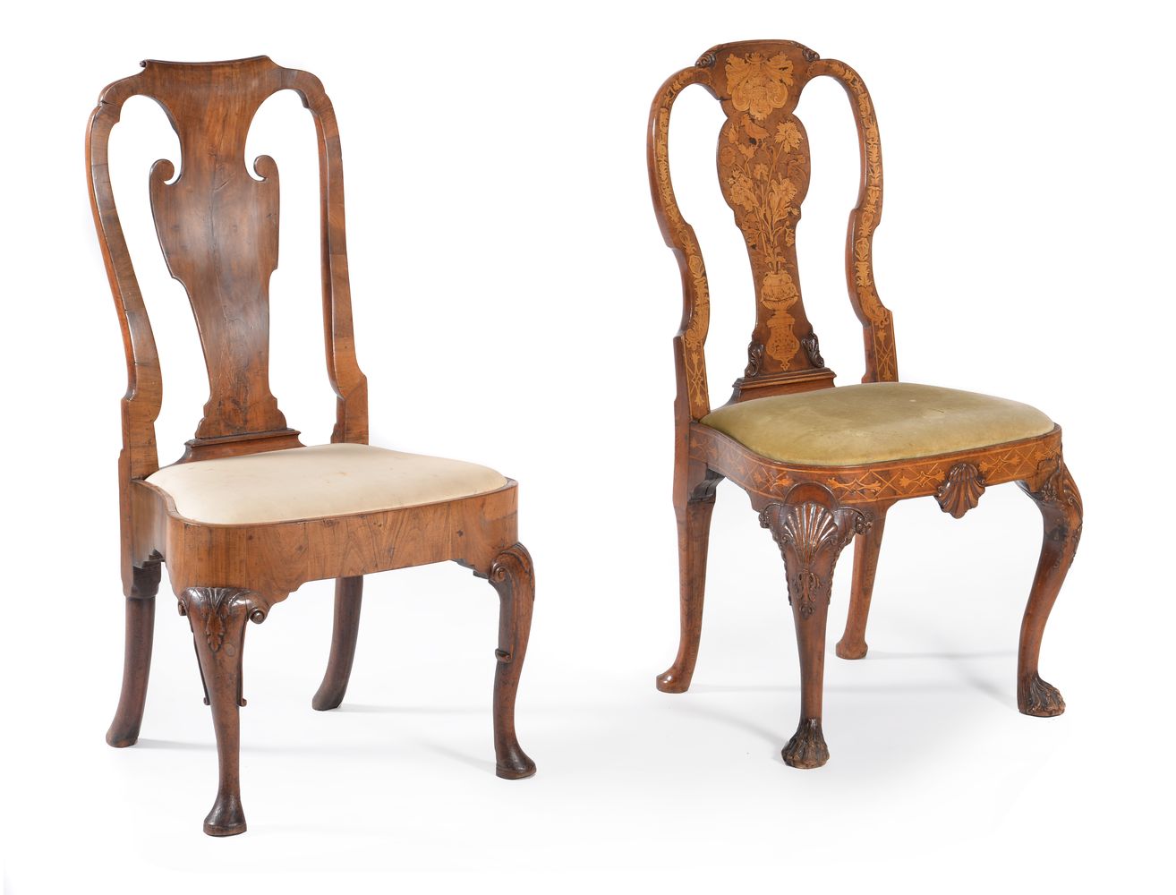 A Dutch walnut and marquetry chair