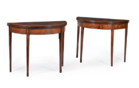 A pair of George III mahogany, satinwood crossbanded and painted card tables