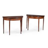 A pair of George III mahogany, satinwood crossbanded and painted card tables