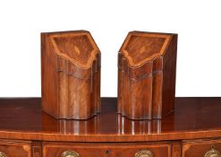 A pair of George III mahogany, satinwood and marquetry serpentine fronted knife boxes