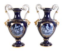 A pair of Meissen blue-ground and gilt vases