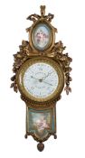 A fine Louis XVI style Sevres porcelain inset ormolu cartel clock and matching aneroid barometer en