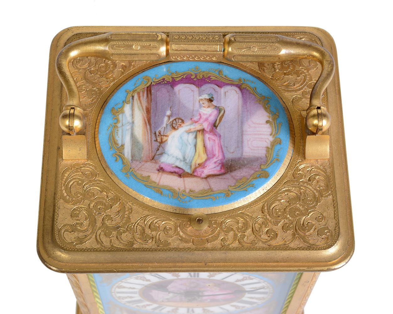 A fine French painted porcelain panel inset engraved gilt brass carriage clock with push-button repe - Image 4 of 5