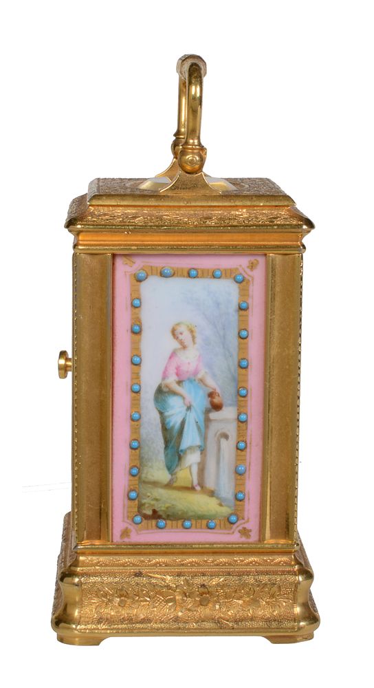A fine French painted porcelain panel inset engraved gilt brass miniature carriage timepiece - Image 2 of 6
