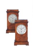 A fine and extremely rare pair of early Victorian mahogany small library mantel timepieces supplied